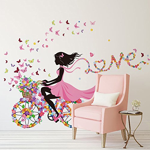 Wallpark Romántico Rosa Flor Mariposa Hada Niña Montando una Bicicleta de Flor Desmontable Pegatinas de Pared Etiqueta de la Pared, Bebé Niños Hogar Infantiles Dormitorio Vivero DIY Arte Murales