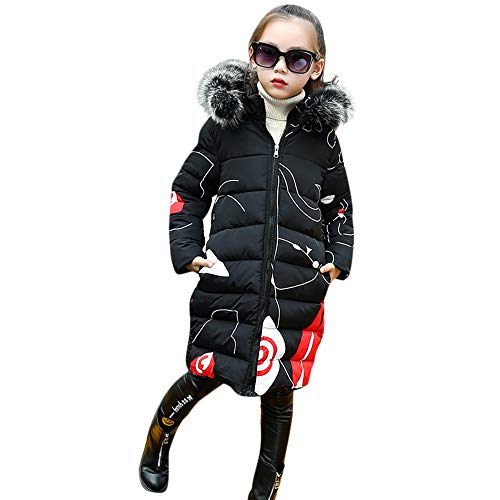 Xmiral Abrigo Largo para Invierno Plumifero para Niñas para Esqui Nieve con Capucha Estampado Original Calentito(5-6 años,Negro)