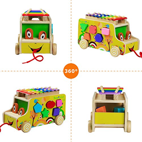 yoptote Xilófono Música de Madera Pull Bus con Formas de Geometría Multifuncional para Niños Mayores de 3 Años