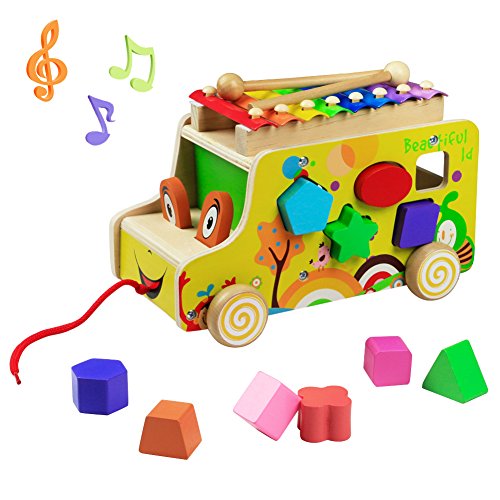 yoptote Xilófono Música de Madera Pull Bus con Formas de Geometría Multifuncional para Niños Mayores de 3 Años