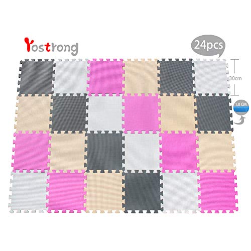 Yostrong Alfombra Puzles para Bébé | Suelo Goma Eva Bebe Grande | 1.62㎡ / 24 Piezas (30*30*1cm), Blanco, Rosa, Beige, Gris. YC-ACJLb24N