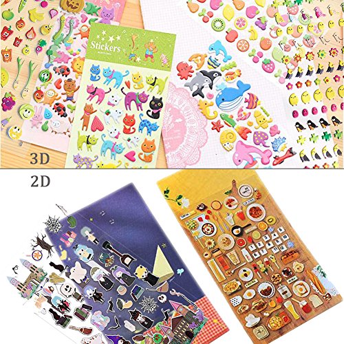 Yuccer Pegatinas 3D Cute Recompensas Pegatinas DIY Decoration Scrapbooking Stickers Niños Incluyendo Animales, Coches, Frutas y Alimentos, 16 Hojas