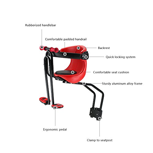 Yuwen Bicicleta Asiento de bebé para niños Transportador de Seguridad para niños Asiento Delantero Asiento Cojín con Pedales en la Parte Posterior Pedales