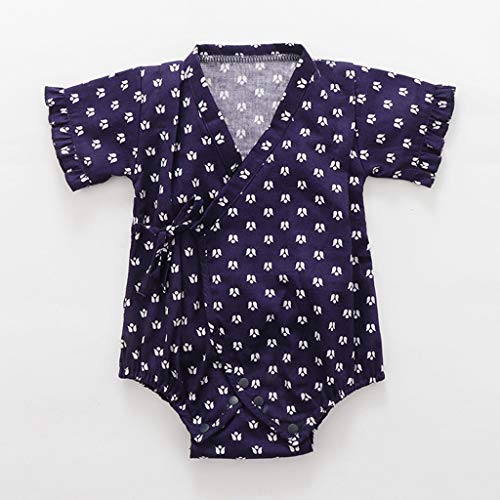 YWLINK Verano Mezcla De AlgodóN BebéS Mono Retro Encaje Estilo JaponéS Albornoz Ropa Plegable Kimono Onesies Traje De Rastreo CóModo FáCil De Poner Y Quitar (Azul Oscuro,3-6 meses/70)