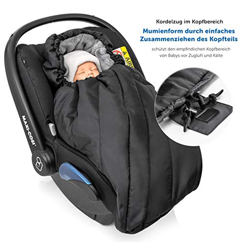 Zamboo - Saco de invierno DELUXE con forro polar térmico, capucha y bolsa para Sillas de Grupo 0+ (se adapta a Maxi-Cosi/Cybex/Römer) - color Negro gris