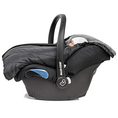 Zamboo - Saco de invierno DELUXE con forro polar térmico, capucha y bolsa para Sillas de Grupo 0+ (se adapta a Maxi-Cosi/Cybex/Römer) - color Negro gris