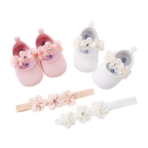 Zapatos de Niña con Diadema Regalo Set Bautizo Lovely Algodón Flor Suave Suela Zapatillas Antideslizantes Zapatos de Princesa (0-6 meses, Blanco, Tamaño de etiqueta 11)