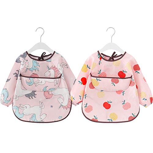 2 Paquetes Babero con Mangas Largas Impermeable Baberos de Alimentación para Bebés Algodón Delantal Lavable del Bebé por 6-36 Meses Niños Comiendo Pintura y Jugando