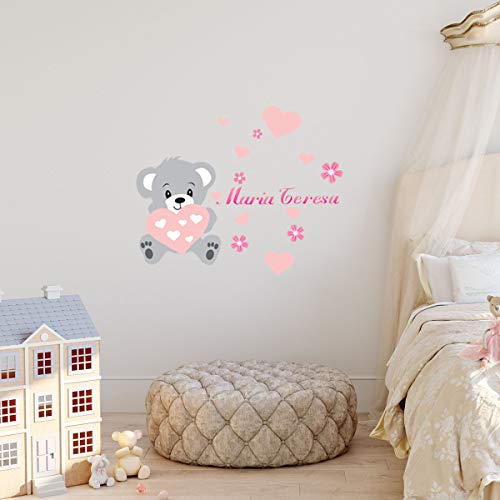 Ambiance Sticker Pegatinas Personalizadas con Nombre Personalizado, diseño de Oso – Decoración de Pared para habitación Infantil Bébé – 2 láminas de 30 x 35 cm y 50 x 30 cm – Tono de Rosa