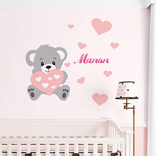 Ambiance Sticker Pegatinas Personalizadas con Nombre Personalizado, diseño de Oso – Decoración de Pared para habitación Infantil Bébé – 2 láminas de 30 x 35 cm y 50 x 30 cm – Tono de Rosa