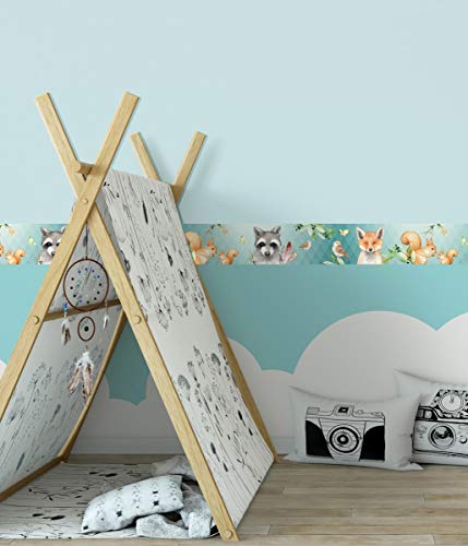 Anna Pared – Cenefa autoadhesiva Friendly Forest de Pared Cenefa Infantil/bebé Habitaciones Envuelta Bosque Animales en Mint – Adhesivo de Pared Dormitorio Niña & niño, Pared decoración bebé/Niños