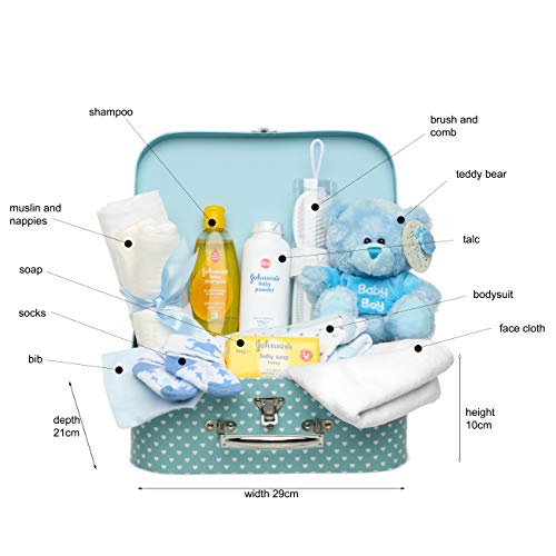 Baby Box Shop - Cesta regalo bebé niño para baby shower con todo lo esencial para bebes recién nacidos con osito de peluche y caja de recuerdos azul