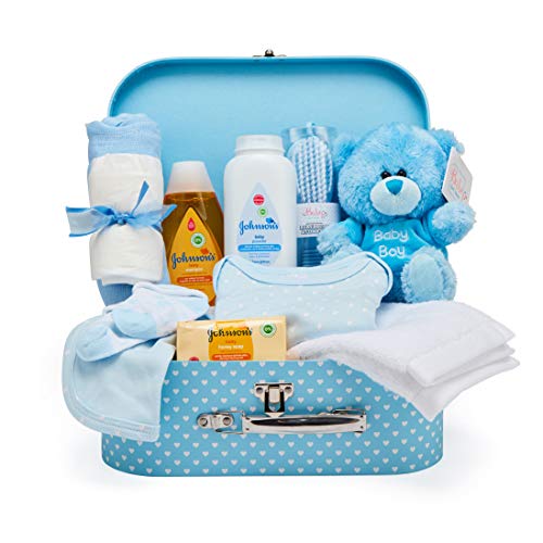 Baby Box Shop - Cesta regalo bebé niño para baby shower con todo lo esencial para bebes recién nacidos con osito de peluche y caja de recuerdos azul