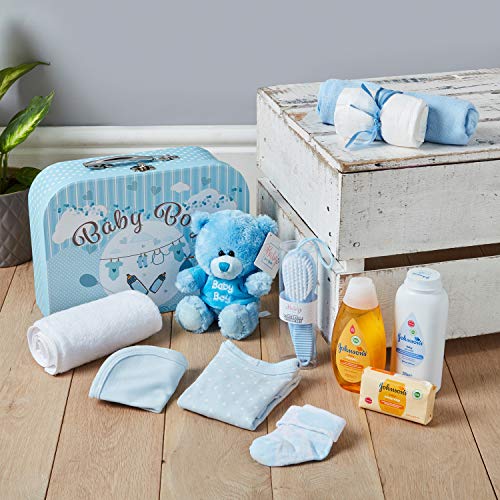 Baby Box Shop - Cesta regalo bebé niño para baby shower con todo lo esencial para bebes recién nacidos con osito de peluche y caja de recuerdos azul