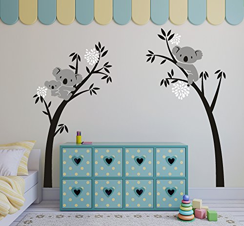 Bdecoll Vinilos decorativos/Árbol de 3 Koalas adhesivos vinilo de niños/habitación Guardería infantil Bebé decoración (negro)