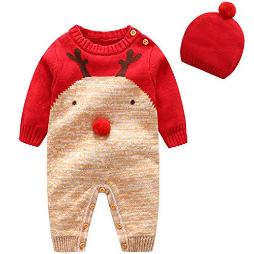 Bebe Mameluco Niños Jersey Navidad Mono - Pijama Invierno Bebé Niñas Algodón Conjunto de Ropa con Gorra Cálido Manga Larga Suéter Traje de Dormir Onesie