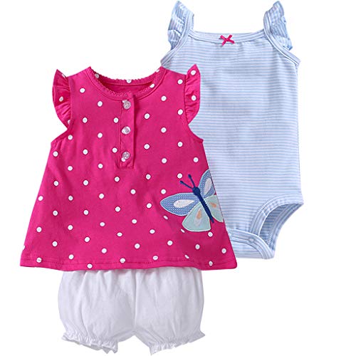 Bebé Niñas Vestido de Manga Corta + Pantalones Cortos + Body, 3 Piezas Conjuntos de Ropa 9-12 Meses