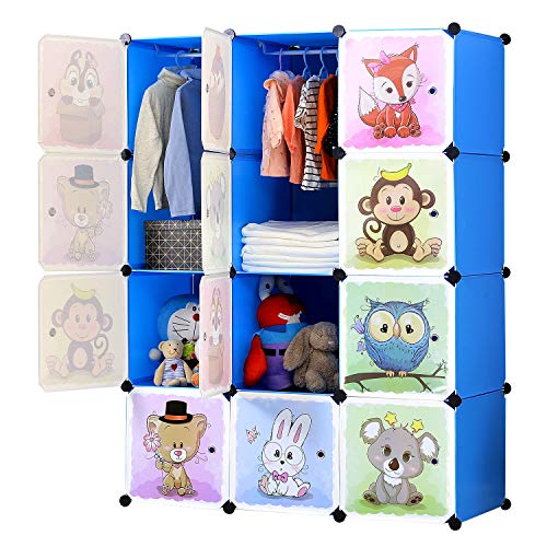 BRIAN & DANY Armario Modular Infantil de Puertas con Motivos de Animales Estanterías por Módulos Armario de Almacenaje, Azul, 110 x 47 x 147 cm