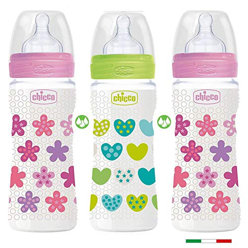 CHICCO biberón 330 flujo rápido, Juedo de 3, Girls colours Mix, made in Italy