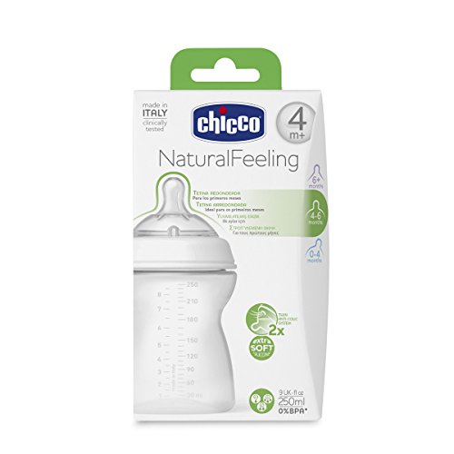 Chicco NaturalFeeling - Biberón con tetina redondeada anticólicos y flujo regulable para bebé de 2 meses en adelante, 250 ml