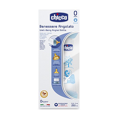 Chicco Well-Being, Biberón Angular, Látex, 0m+, Azul, 250 ml