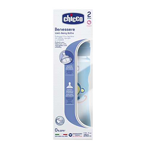 Chicco Wellbeing - Biberón con tetina de silicona y flujo medio para bebé de 2m+, 250 ml, color azul