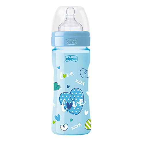 Chicco Wellbeing - Biberón con tetina de silicona y flujo medio para bebé de 2m+, 250 ml, color azul