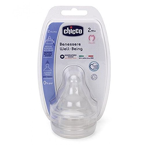 Chicco Wellbeing - Tetina de silicona anticólicos con flujo medio para bebé de 2 meses + , 2 unidades