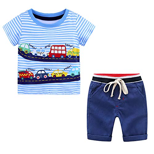 Conjuntos Bebé Niño, 2PC/Conjunto Ropa Bebe Unisex Ropa Bebe Recien Nacido Verano 24 Meses-2años Niños Rayas Barco Estampado Camiseta Tops y Pantalones Cortos