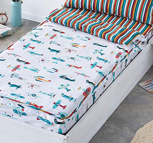 COTTON ARTean Saco nordico con Relleno AVIONCITOS para Cama 90 x 190/200 + 1 Funda de Almohada. Saco Unido a la Bajera con Cremallera. con Relleno nórdico.