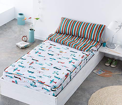 COTTON ARTean Saco nordico con Relleno AVIONCITOS para Cama 90 x 190/200 + 1 Funda de Almohada. Saco Unido a la Bajera con Cremallera. con Relleno nórdico.