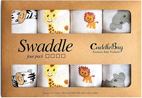 CuddleBug Mantas de Muselina Unisex - 4x Pack - Muselinas para Bebé tipo Paños de Algodón 100% - Sabanas de Cuna de Tamaño Grande 120x120cm - Mantas de Bebé Suaves y Multiusos - Safari Friends