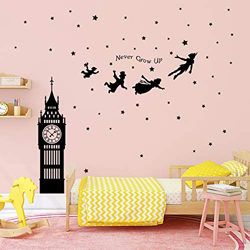 decalmile Pegatinas de Pared Peter Pan Big Ben Estrellas Vinilos Decorativos Niños Letras Adhesivos Pared Habitación Infantil Bebe Dormitorios