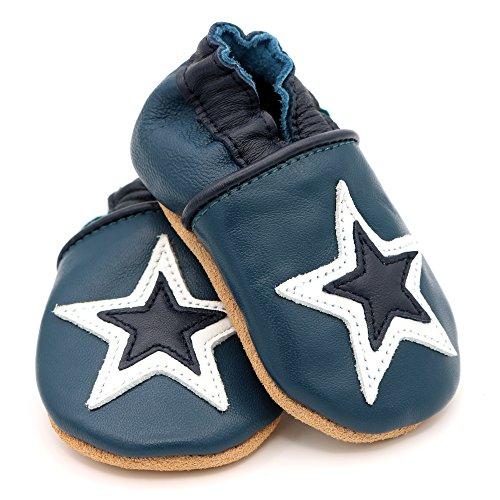 Dotty Fish Zapatos de Cuero Suave para bebés. Antideslizante. Azul Marino y Estrella Blanca. 12-18 Meses (21 EU)