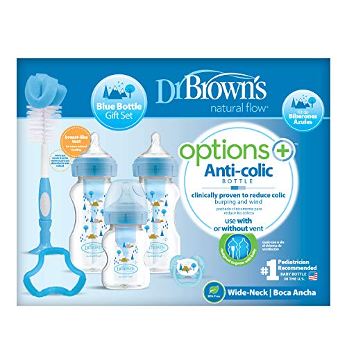 Dr. Brown's OPTIONS PLUS 2019! - Kit de Biberones Anticólicos de Boca Ancha, Chupete, Cepillo y Mordedor, sin BPA (Color: Azul)