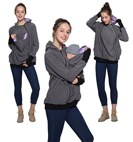 F.G.Y 3 en 1 Mama Chaqueta Sudadera Canguro con Capucha, Abrigo Premamá para Mujer Multifunción, Calentar Portabebés Chaqueta con Baby Bolsillos (Gris Oscuro, L)