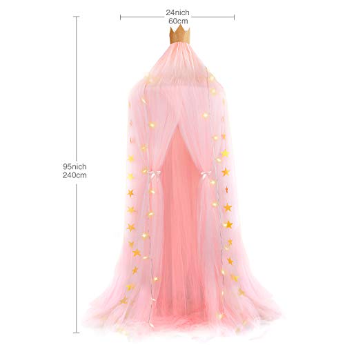 Frideko bebés dosel cama, mosquitera Princess Gauze + 6M 40 LED Luces de hadas cálidas Star Star + 3M Bandera de estrella amarilla para bebés Niños niña para jugar Beach Home Nursery Hotel (Rosa)