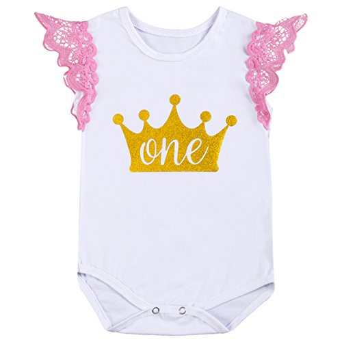 FYMNSI Infantil Bebé Niña Es mi Primer Vestido de Cumpleaños Mameluco de Manga de Encaje + Falda Tutu Rosa + Diadema Corona de la Princesa 3pcs Traje de 1 Año Fiesta Fotografía Vestir Regalo 12-18M