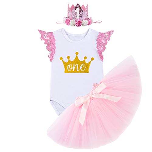 FYMNSI Infantil Bebé Niña Es mi Primer Vestido de Cumpleaños Mameluco de Manga de Encaje + Falda Tutu Rosa + Diadema Corona de la Princesa 3pcs Traje de 1 Año Fiesta Fotografía Vestir Regalo 12-18M