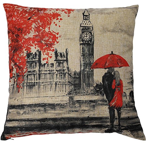 Gspirit 4 Pack Torre Eiffel Big Ben Lino Algodón Throw Pillow Case Funda de Almohada para cojín 45x45 cm Color Negro y Rojo