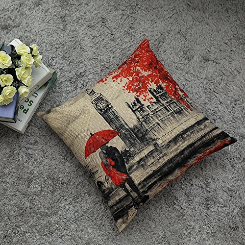 Gspirit 4 Pack Torre Eiffel Big Ben Lino Algodón Throw Pillow Case Funda de Almohada para cojín 45x45 cm Color Negro y Rojo