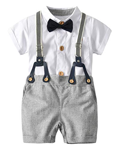 Happy Cherry - 3 Pcs Conjuntos Bebés Ropa de Bautizo de Algodón Traje Corto de Boda Fiesta con Pantalones Tirantes Verano Pajarita para Infantil de 0-6 Meses - Gris