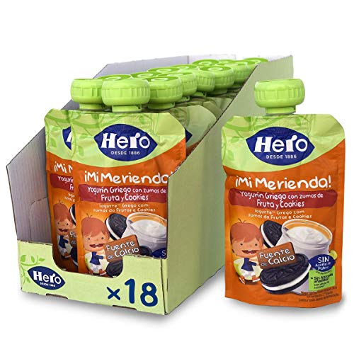 Hero Baby Mi Merienda - Bolsita de Yogurín Griego con Zumos de Fruta y Cookies, Sin Azúcares Añadidos, para Bebés a Partir de los 12 Meses - Pack de 18 x 100 g