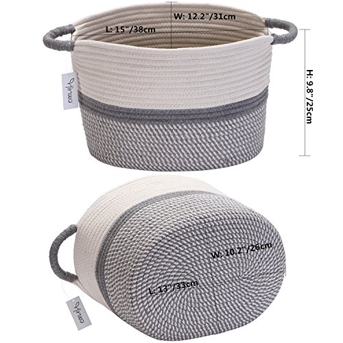 Hinwo - Cesta de Almacenamiento de Cuerda de algodón Ovalada Plegable para guardería con Asas, 33 x 25 cm, Color Blanco y Gris