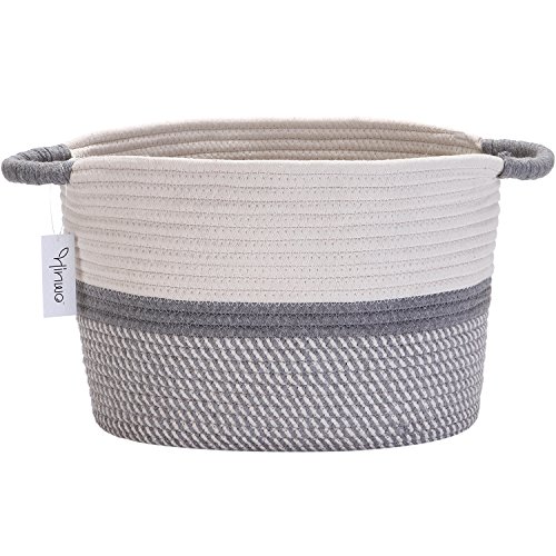 Hinwo - Cesta de Almacenamiento de Cuerda de algodón Ovalada Plegable para guardería con Asas, 33 x 25 cm, Color Blanco y Gris