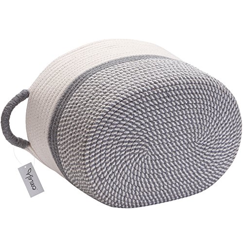 Hinwo - Cesta de Almacenamiento de Cuerda de algodón Ovalada Plegable para guardería con Asas, 33 x 25 cm, Color Blanco y Gris