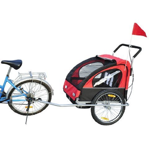 HOMCOM Remolque para Niños 2 PLAZAS con Amortiguadores Carro para Bicicleta CON BARRA INCLUIDA y Kit de Footing COLOR ROJO Y NEGRO