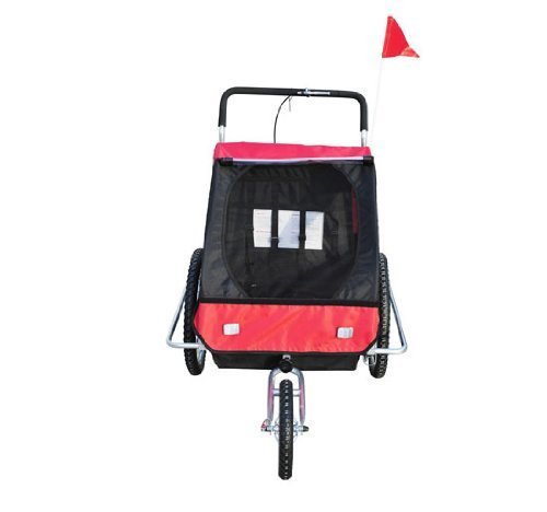 HOMCOM Remolque para Niños 2 PLAZAS con Amortiguadores Carro para Bicicleta CON BARRA INCLUIDA y Kit de Footing COLOR ROJO Y NEGRO