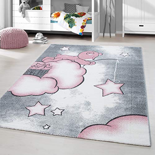 HomebyHome Alfombra Infantil Diseño del Oso Habitación Infantil para bebé Gris Rosa rectángulo Redonda, tamaño:120x170 cm