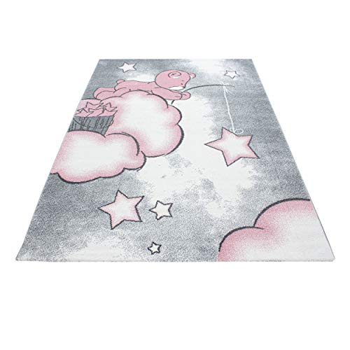 HomebyHome Alfombra Infantil Diseño del Oso Habitación Infantil para bebé Gris Rosa rectángulo Redonda, tamaño:120x170 cm